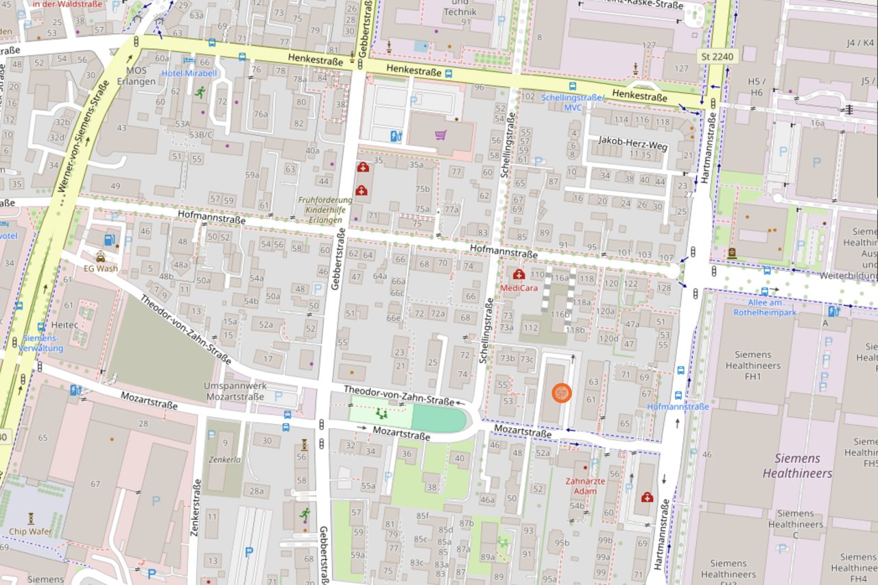Lageplan: Mozartstraße 57 in Erlangen, nahe der Hofmannstraße